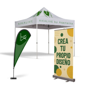 Carpa con banner publicitario y roll-up personalizable